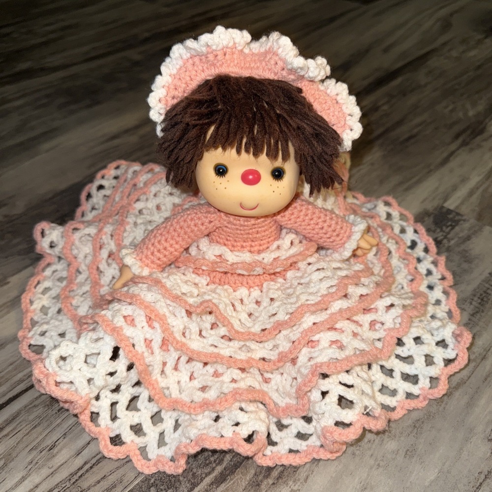 Vintage Handmade Crocheted 1980s Doll Vinyl Head Pink White Ruffle Dress 12 Inch